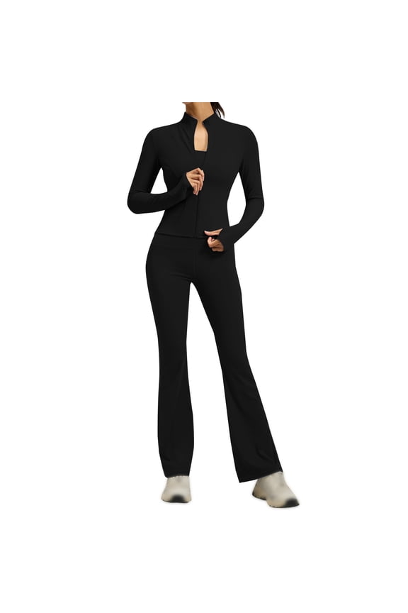 Women's 2 Piece Tracksuit Sets Long Sleeve Zipper Jacket with Athletic High Waist Flare Long Leggings Slim Fit Casual Sport Workout Outfit Athleisure Tracksuit Jogger Loungewear Set Black 3Xl