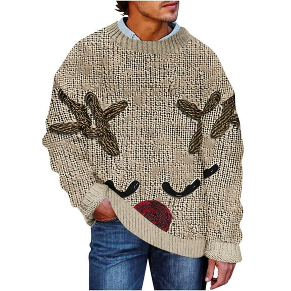 SERTG Men's Christmas Sweater Print Warm Christmas Cardigan Long Sleeve Hoodless Casual Coat Men Christmas Tops(Khaki,S)