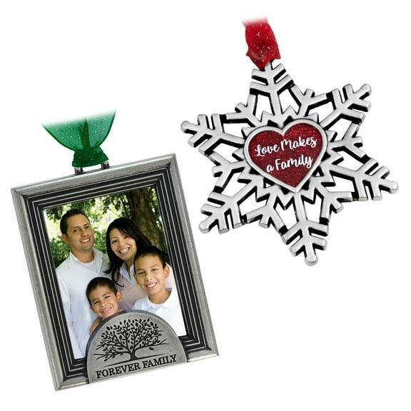 Gloria Duchin Family Theme Vintage Pewter Christmas Tree Picture Frame Ornament Gift Set