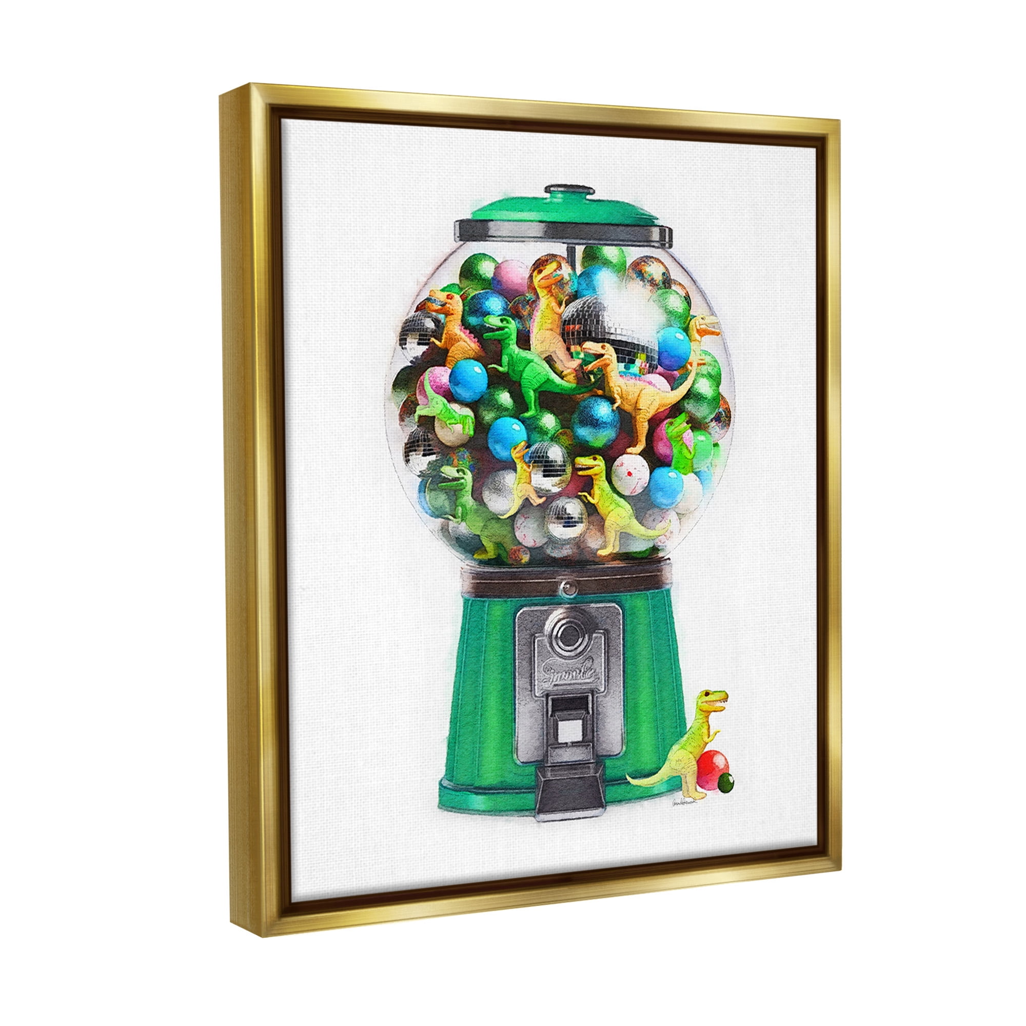 Stupell Industries Dinosaur Candy Dispenser Animals & Insects Painting Gold Floater Framed Canvas Art Print Wall Art, 17 x 21