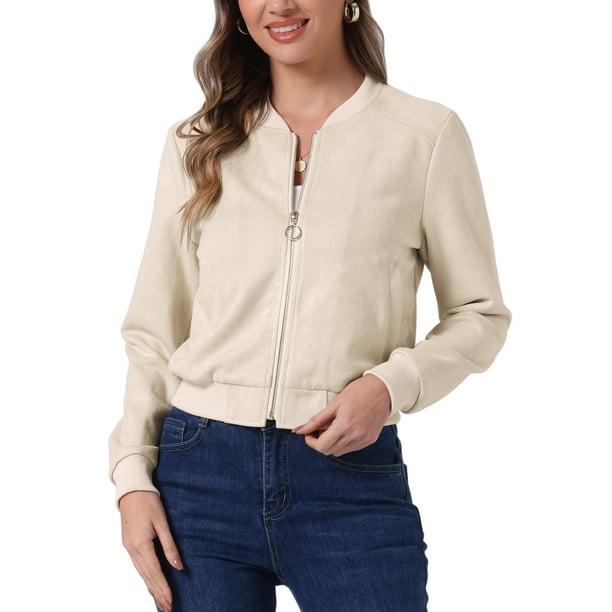 CHAQUETA DE MUJER INSPIRE CHIC, CORTA DE SUEDE SINTÉTICO, CON CUELLO ALTO, CIERRE DE CREMALLERA, ESTILO BIKER MOTO BOMBER, COLOR BEIGE
