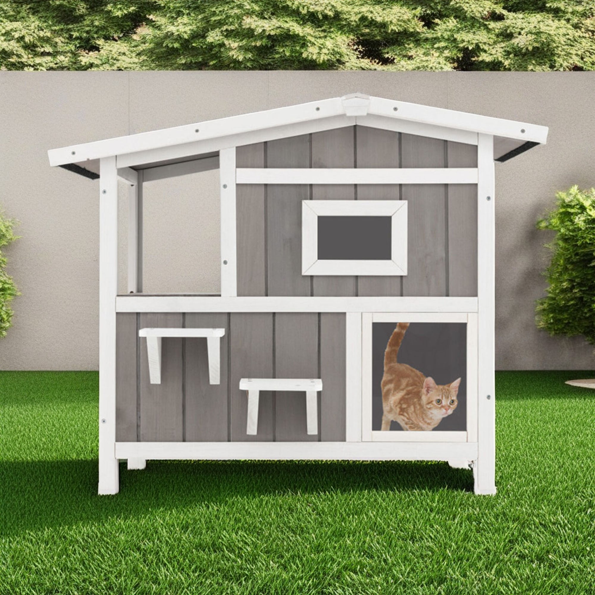 Kadyn 39" Outdoor 2-Story Cat House, Feral Cat Shelter with Escape Door, Rainproof Outside Kitty Condo for 3 Adult, Gray