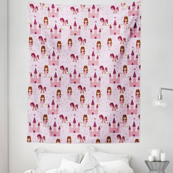 Fantasy Tapestry, Cartoon with Castle and Unicorn Stars Background Cartoon Drawing Style, Fabric Wall Hanging Decor for Bedroom Living Room Dorm, 5 Sizes, Pale Mauve Brown Pink, by Ambesonne