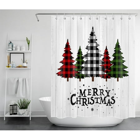 HVEST Christmas Shower Curtain for Bathroom,Checkered Xmas Tree on Rustic Wooden Shower Curtain,Winter Farmhouse Polyester Waterproof Decor Accessories Bath Curtain with Hooks,60x72 Inches