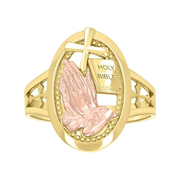10kt Real Two-tone Gold Womens Holy Bible Praying Hands Symbol Religious Ring