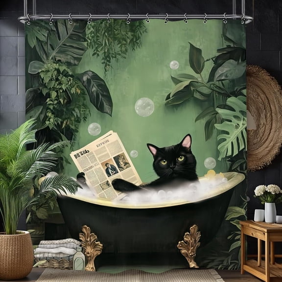 Funny Cat Bathroom Shower Curtain 66x72inch Animal Hilarious Vintage Tropical Plant Leaves Polyester Fabric 12 Plastic Hooks Waterproof Decor