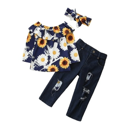 

ZHAGHMIN Girls Outfits Size 7/8 Toddler Girls Outfit Sunflowers Prints Long Sleeves Tops Denim Bell Bottom Jeans Pants Headband 3Pcs Set Outfits Sweat Suits For Teen Girls Baby Blankets Floral Preem