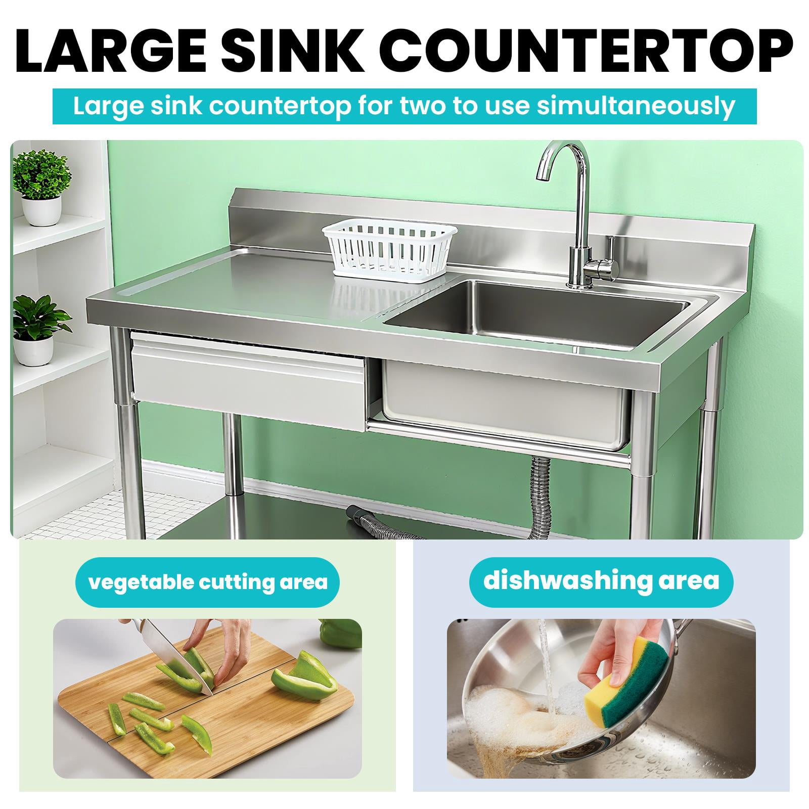 Freestanding 304 Stainless Steel Single Bowl Sink, Commercial Kitchen Utility Sink with Drawer & Adjustable Shelf, Heavy-Duty Sink for Restaurant, Laundry Room and Household Use