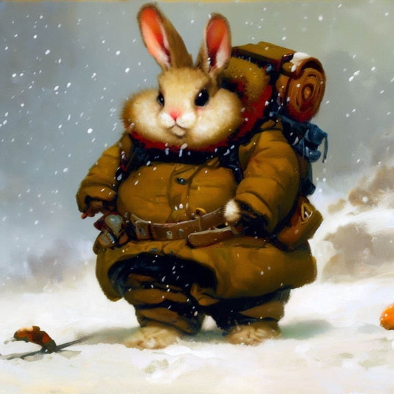 Fat Rabbit Goes Camping in The Snow I - 12" x 12" Wall Decor