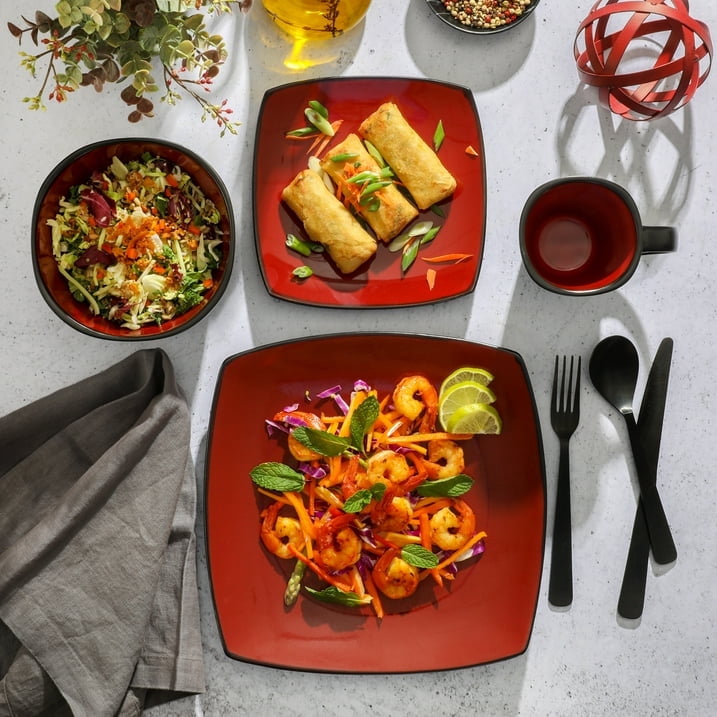 Gibson Soho Lounge 16-Piece Square Stoneware Dinnerware Set in Red – Modern Red and Black Dish Set for Stylish Dining, Microwave & Dishwasher Safe