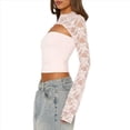 thumbnail image 2 of Top Corto de Encaje Transparente con Retazos para Mujer, Estilo Y2K, Cuello Alto, Larga Acampanada, Corte Entallado, para Salir A Discotecas y Clubes Nocturnos. Rosa M, 2 of 8