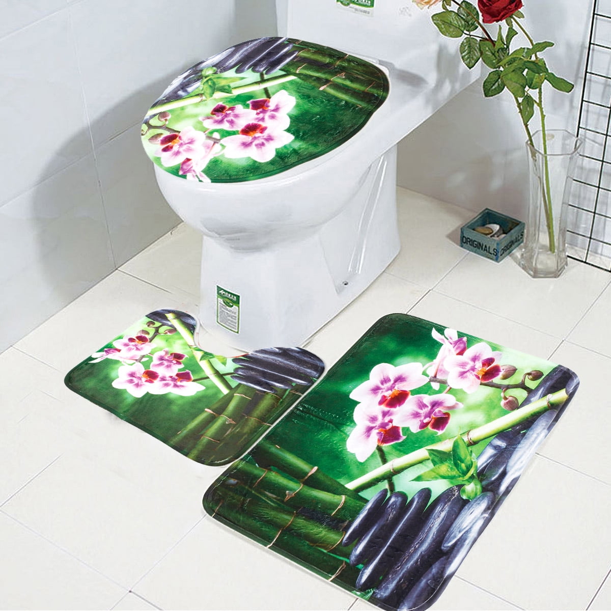 Green Bamboo Pebble Orchid Pedestal Toilet Seat Rug Bath Mat Toilet Lid ...