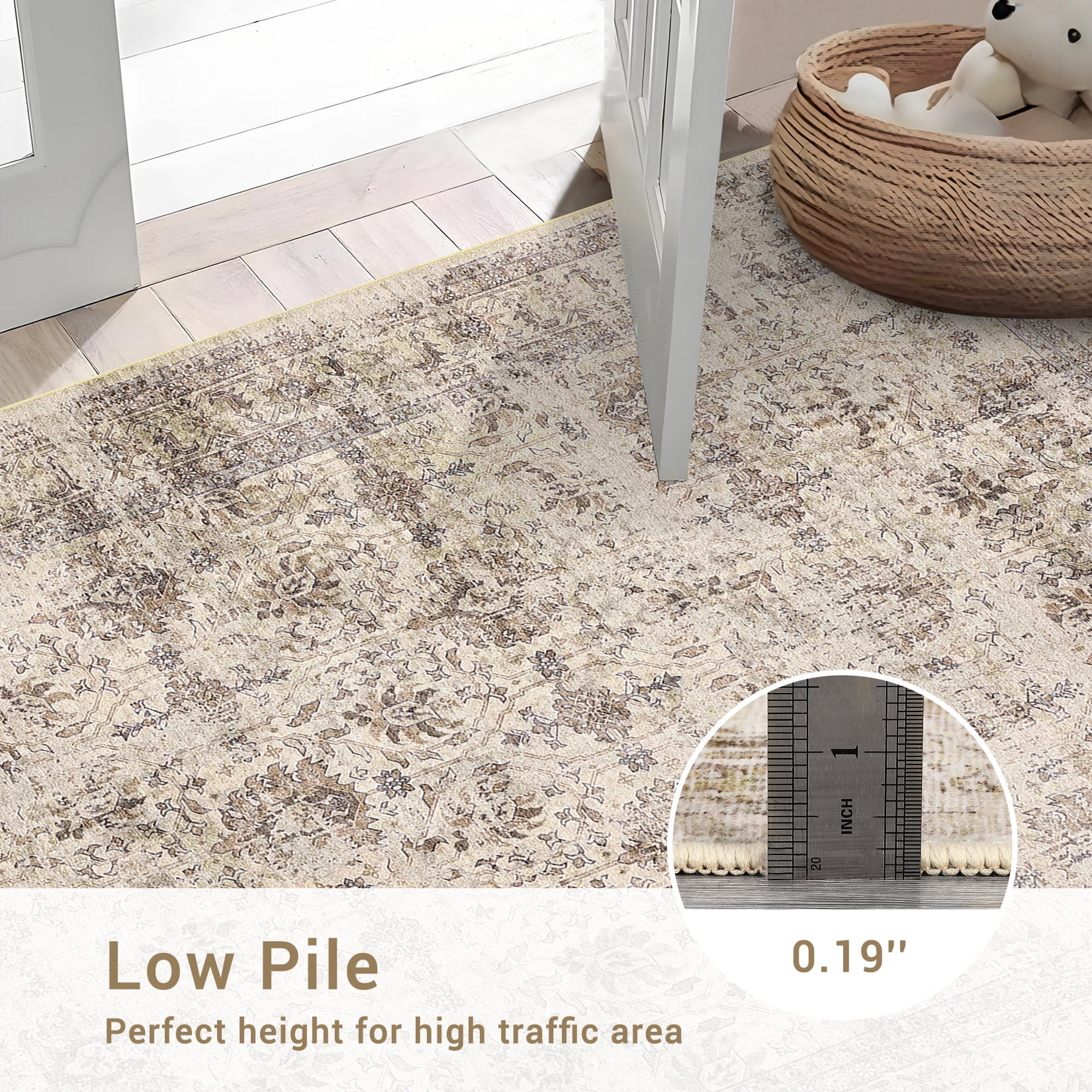 FairOnly 5'x7'Oriental Distressed Area Rug Machine Washable Non Slip Vintage Soft Indoor Floor Cover for Living Room Bedroom Office Study Room,Beige