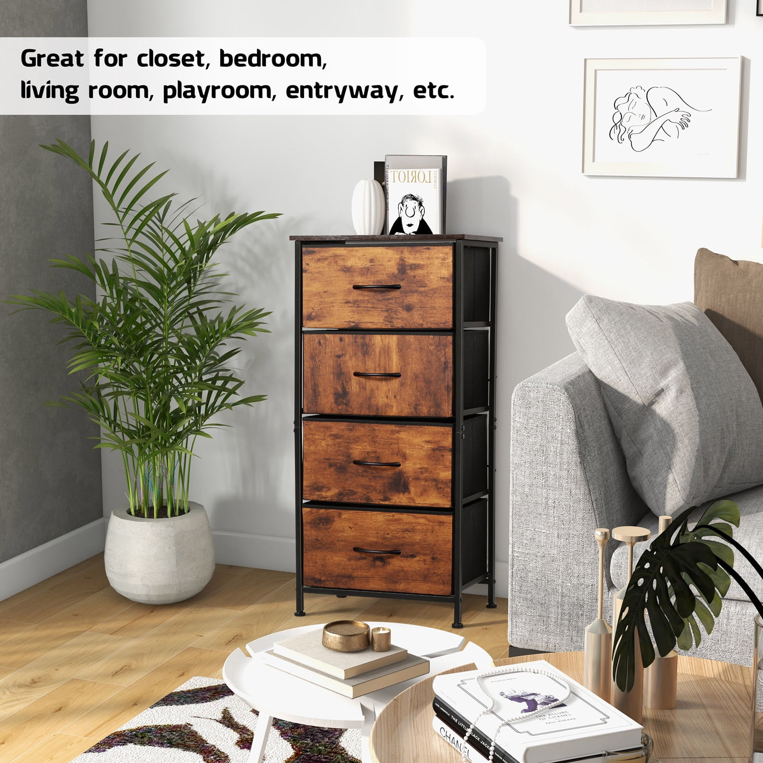 4 Drawers Dresser for Bedroom, Vesteel Fabric Chest of Drawers Tall Storage Tower with Wood Top and Sturdy Steel Frame, Storage Organizer Unit for Closet, Living Room, Hallway - Rustic Brown