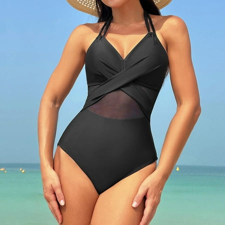 MSJUHEG One Piece Swimsuit Women Black One Piece Swimsuit Tummy Control Bikini Halter Piece Mesh Hollow Out Monokini V Neck Bathing Suit One Piece Body Suits for Womens High Waist Bikini Black M