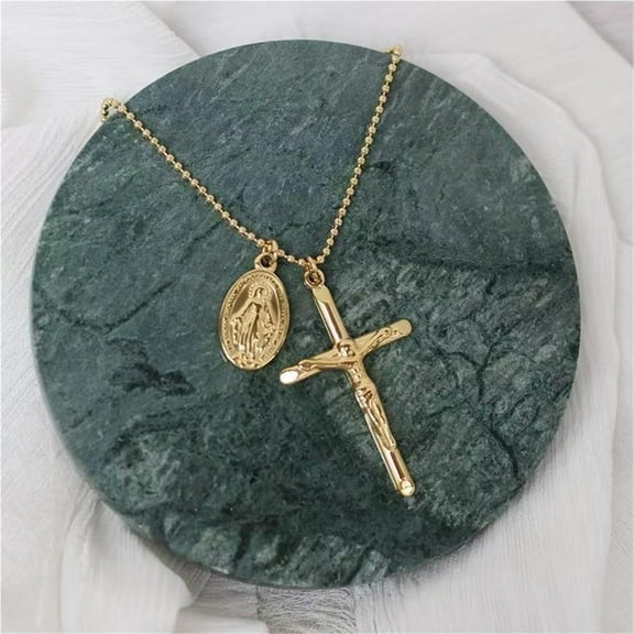 Medal Mary and Cross Crucifix Gold Plated Miraculous Medal Coin Necklace Women