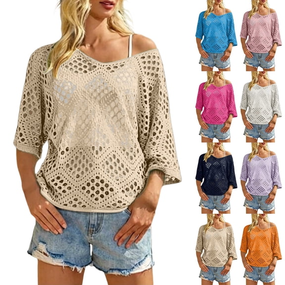 WHEANG Summer Fashion Crochet Top for Women Solid Color V Neck Beach Cover Up Crochet Long Sleeve Casual Tops Cover Cruise Outfit Breathable Loose Fit Blouse(Color Yellow Size S)