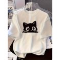 thumbnail image 1 of Adorable Cartoon Black Cat Pattern Regular Size Short Sleeve Tee - Y2K Style, Crew Neck, Medium Stretch, Spring/Summer Casual Top for Women, Spring Summer Apparel | Y2K Fashion | Applique Detailing, 1 of 7