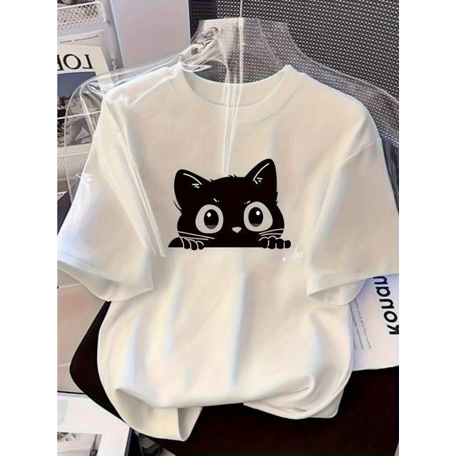 Adorable Cartoon Black Cat Pattern Regular Size Short Sleeve Tee - Y2K Style, Crew Neck, Medium Stretch, Spring/Summer Casual Top for Women, Spring Summer Apparel | Y2K Fashion | Applique Detailing