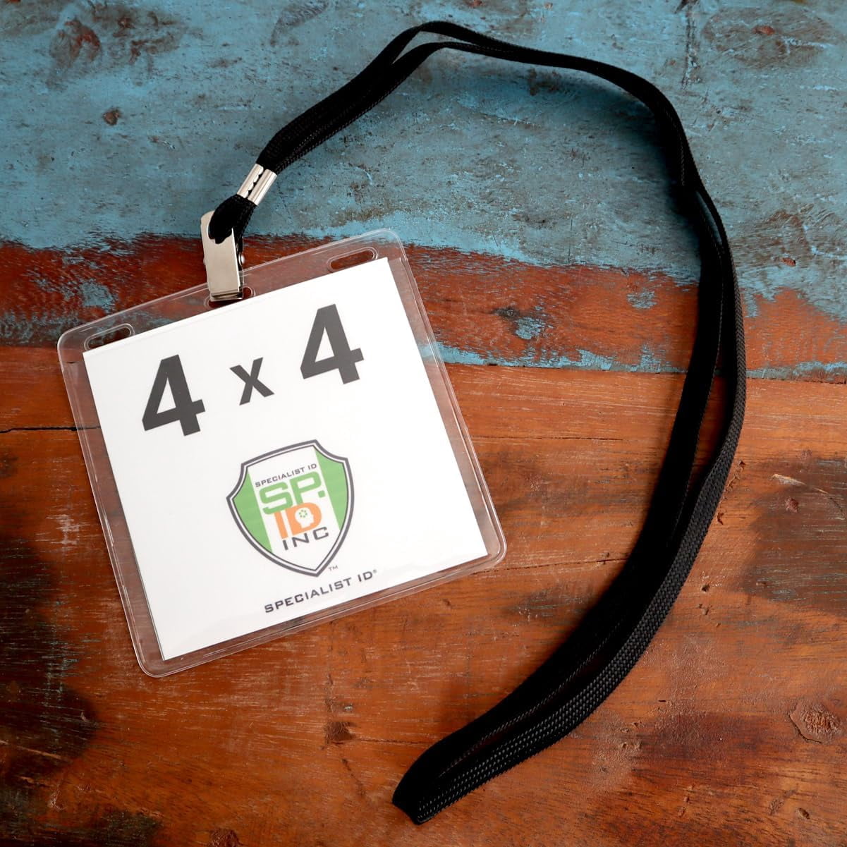 100 Pack - 4x4 Badge Holder with Lanyard - Premium 4x4 Lanyard with Bulldog Clip & ID Holder In One - Horizontal Plastic Vinyl Name Tag Protector Sleeves for 4X3 or 3x4 Badges by Specialist ID (Black)