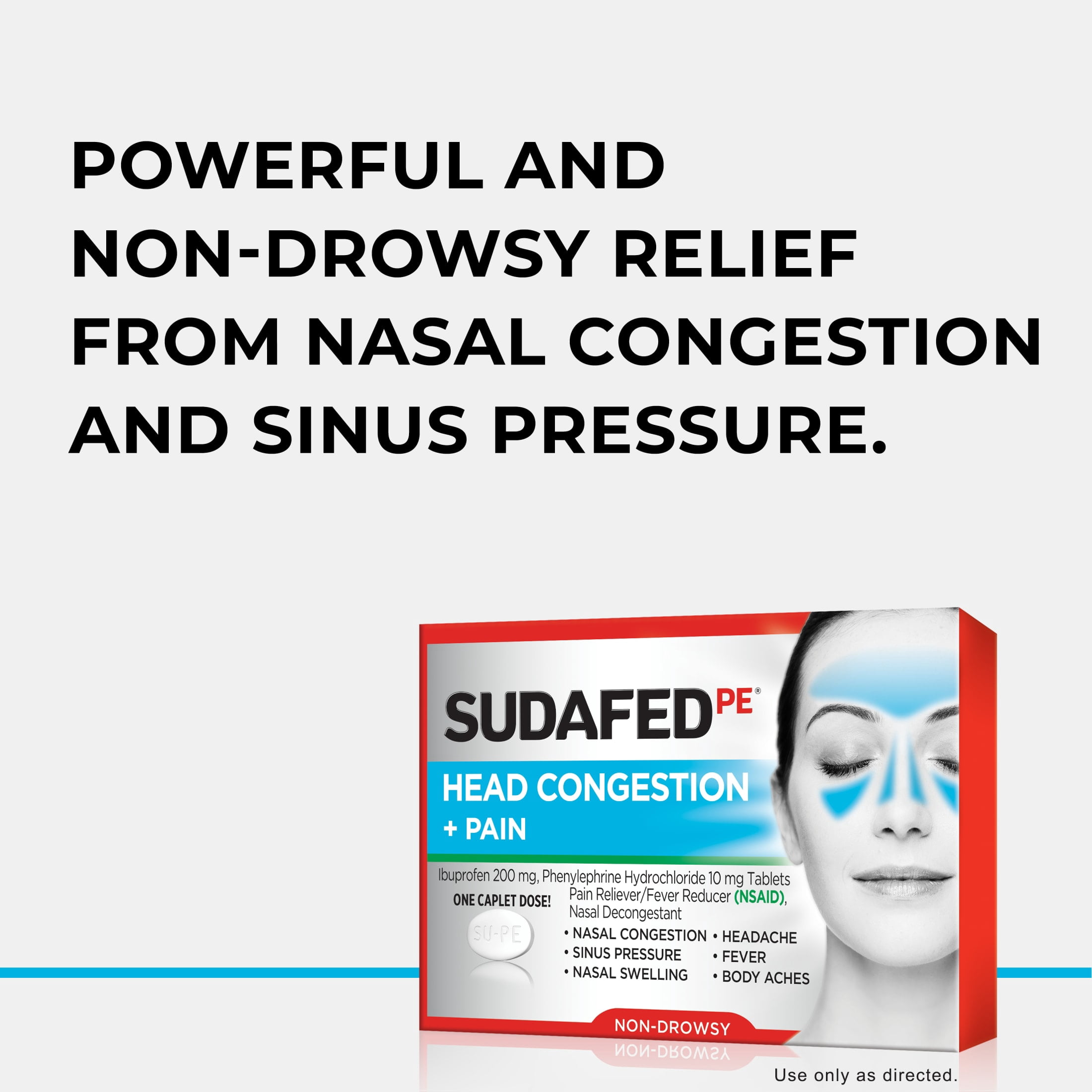 (3 pack) Sudafed PE Non-Drowsy Head Congestion + Pain Relief Caplets, 20 Count