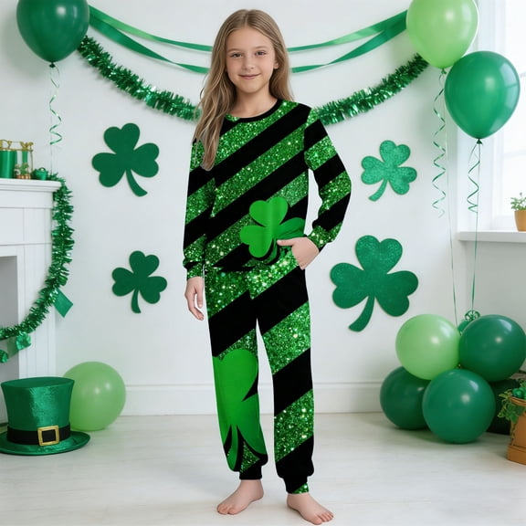 Girls St Patricks Day Outfit Sets Glitter Striped Shamrock PJ Set Kids Holiday Outfit Sets Green,Size 9 T