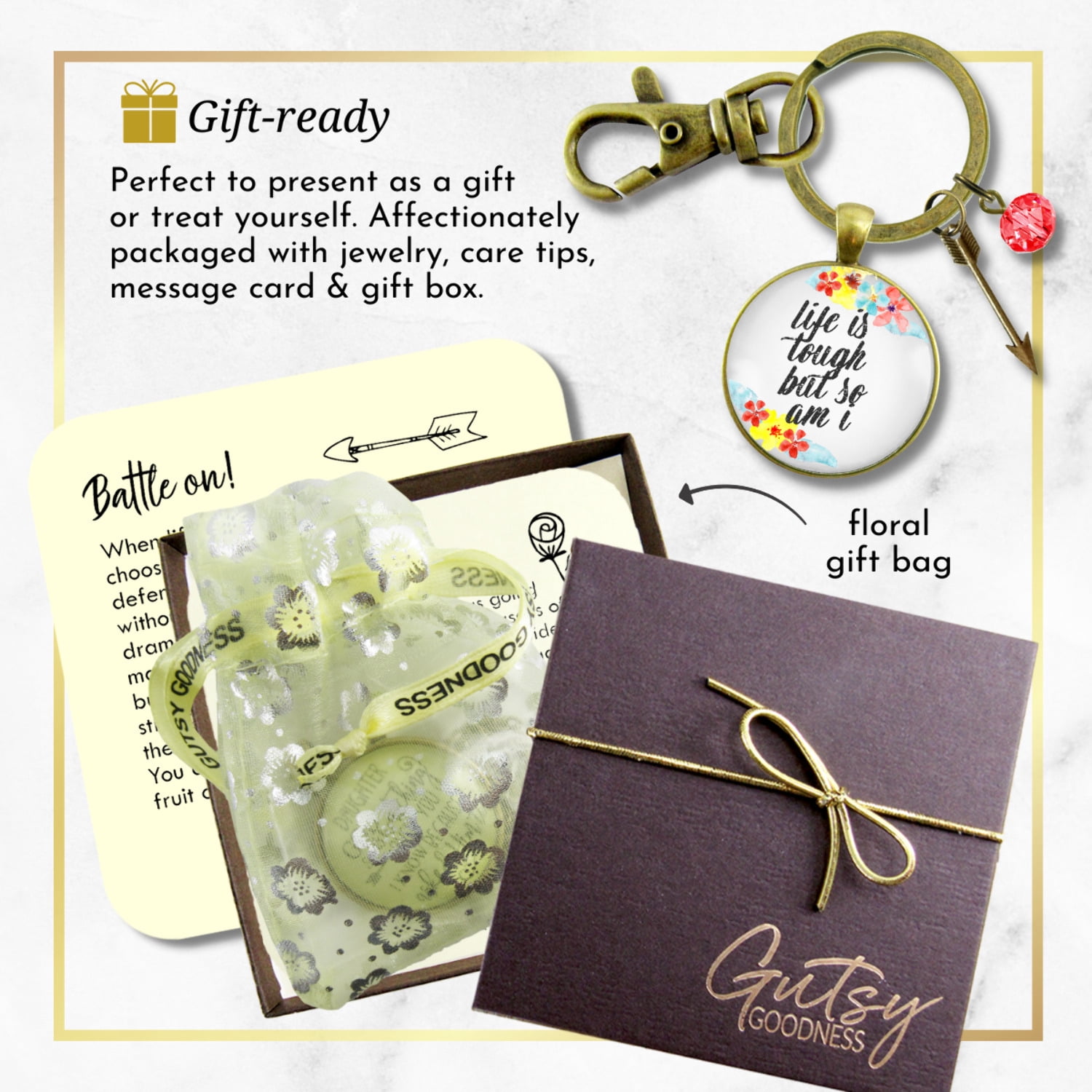 Survivor Gutsy Goodness Bronze Keychain Life Tough But So Am I Rustic Strength Jewelry Flower Arrow Charm
