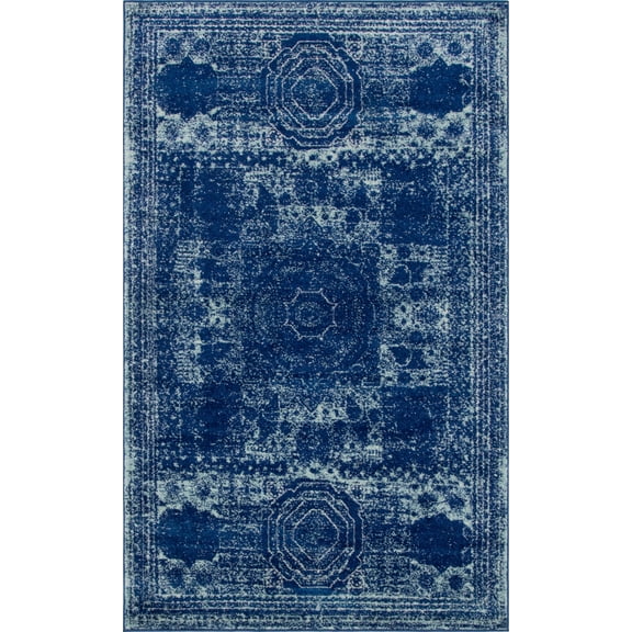 Unique Loom Wells Bromley Rug Navy Blue/Ivory 5' 1" x 8' Rectangle Border Shabby-Chic Perfect For Living Room Bed Room Dining Room Office