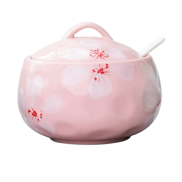 Sugar Bowl With Lid And Spoon, 14oz Sugar Dish, Sugar Bowls For Countertop, Salt Container-Pink