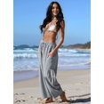 thumbnail image 5 of Women's Wide Leg Striped Pants Casual Loose Drawstring Low Waist Palazzo Harem Pants with Pockets Black S, 5 of 7