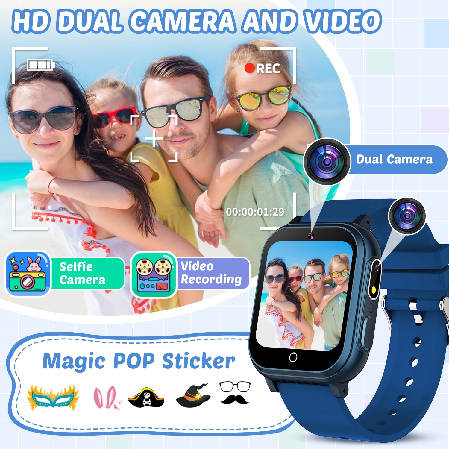 Vakzovy Waterproof Smart Watch for Kids Toys，Boys Age 5-12 with 32 Games, Dual Camera, Habit Tracking, Music Player, Video, Alarm Clock, HD Touchscreen Kids Smart Watch Birthday Gift for 3-12 Year Ol