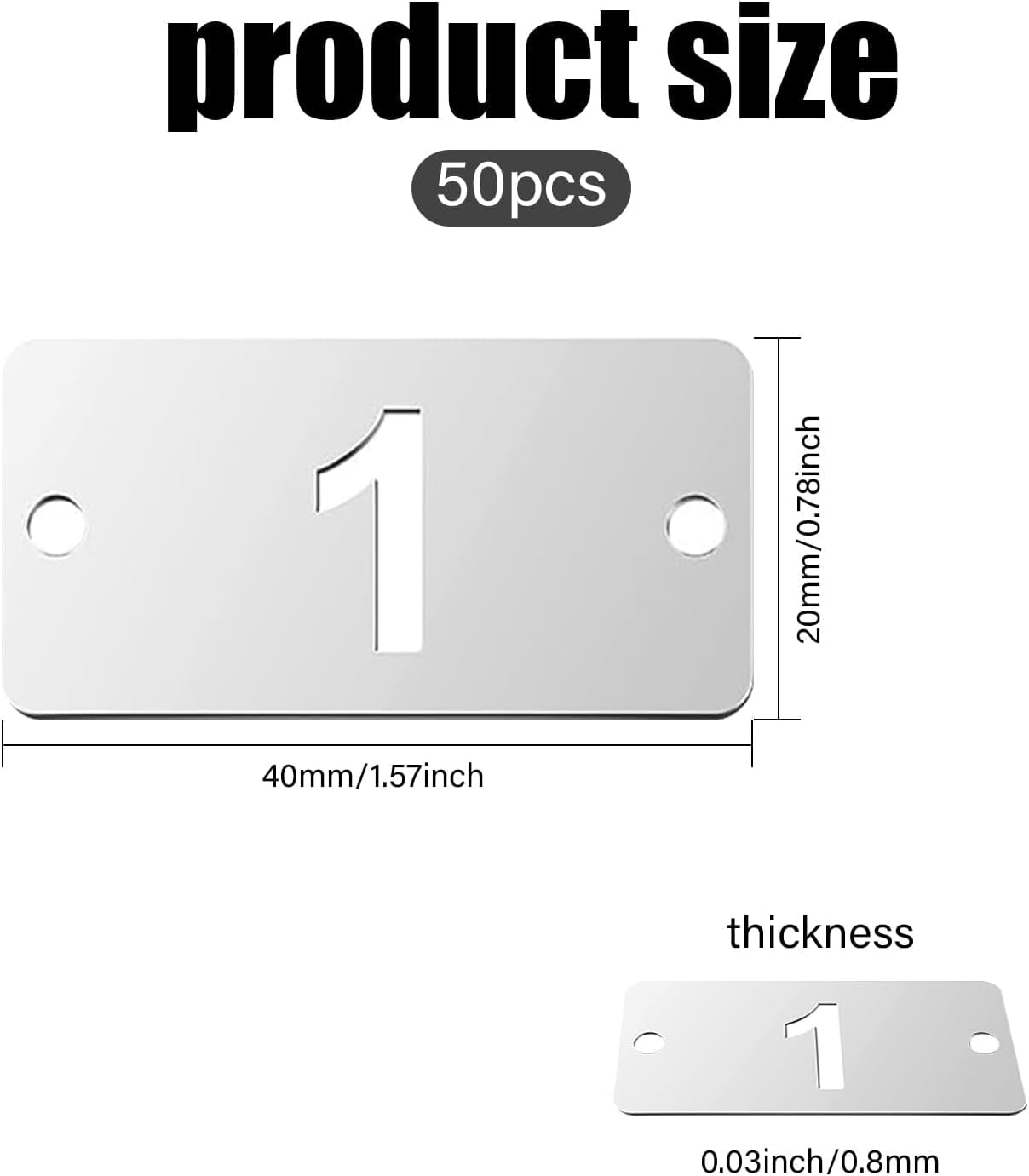 50Pcs Metal Numbered Tags 1-50 Stainless Steel Key Tags Rectangle Hollow Numbered Tags with Two Holes for Classify and Identify Items 1.57×0.78inch