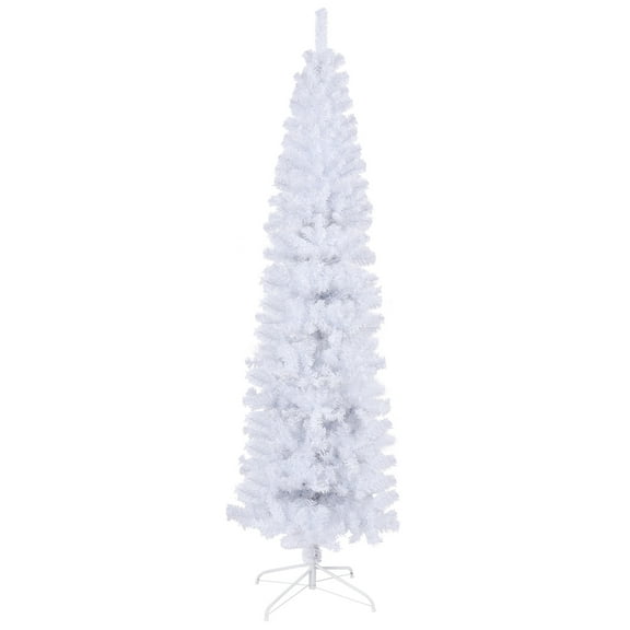 KAAYEE 7.5FT Slim White Artificial Christmas Tree with 1000 Branch Tips, Space-Saving Pencil Xmas Tree with Foldable Metal Stand, Fire-Resistant PVC Holiday Decoration, White