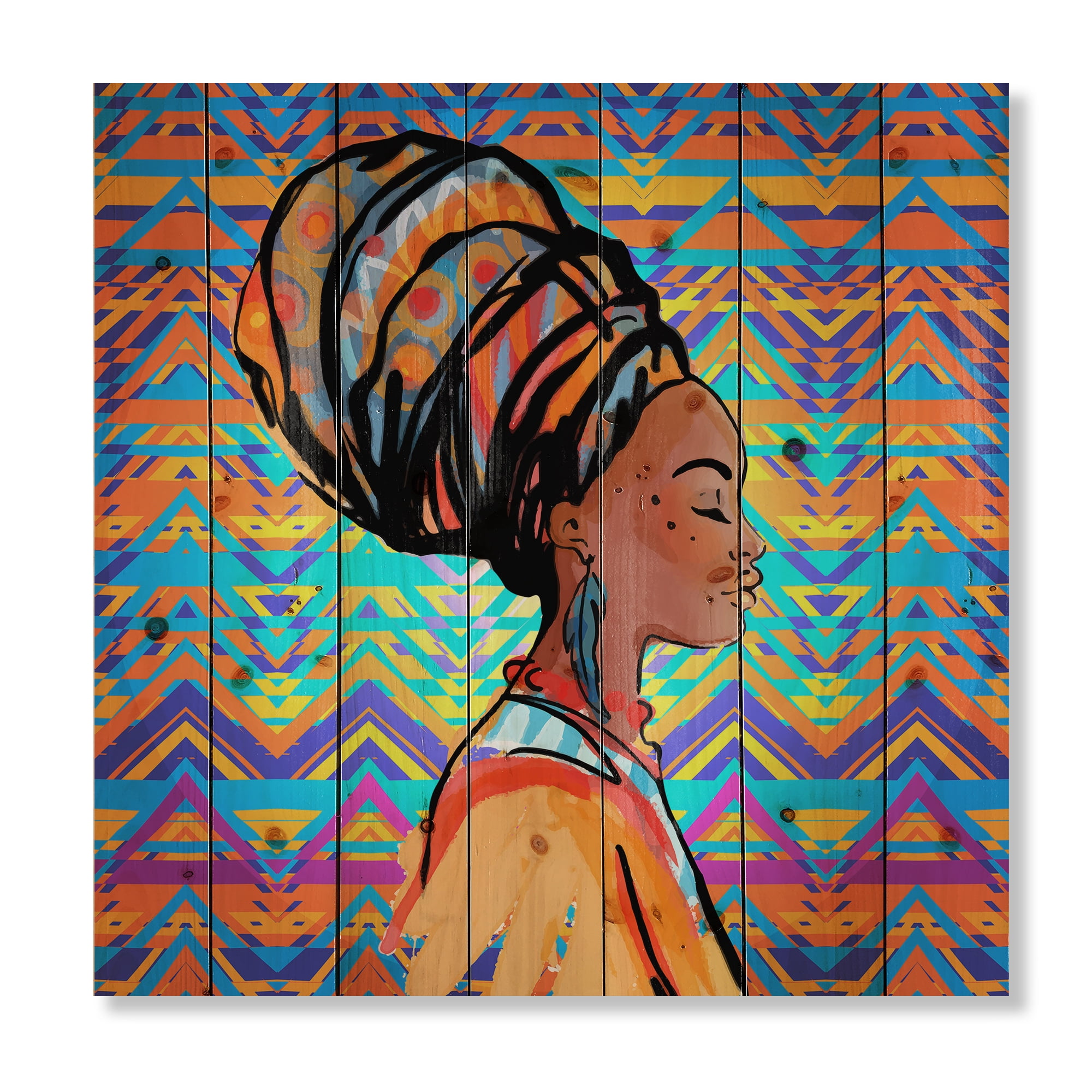 Designart 'African American Woman Portrait with Turban IV' Modern Print on Natural Pine Wood