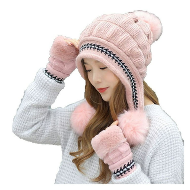 Women's Plush Knitted Hat Warm Woolen Hat Thick Ball Ear