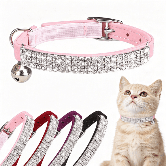 GASTROPOD Diamond Cat Collar with Bell,Adjustable Soft Velvet Bling Rhinestone Cat Collar,Sparkly Kitten Collar with Safety Elastic&Metal Buckle for Small Medium Cats