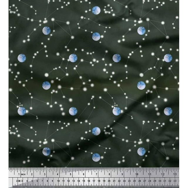 Soimoi polyester Crepe Fabric Moon & Galaxy Print Fabric by the Yard 42 Inch Wide
