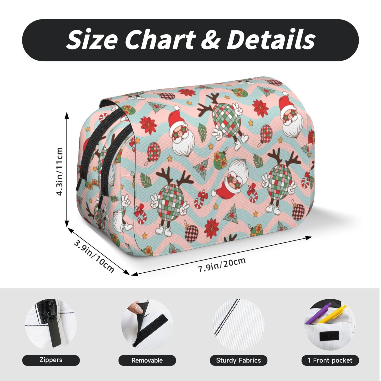 Rateoe Groovy Retro Santa Pattern Double Clamshell Pen Case, Storage Organizer with Two Zipper Compartments– Holds Up to 50 Pencils & Pens