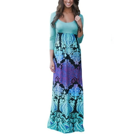 - Fashion Floral Print High Waist 3/4 Sleeve Long Maxi Dresses for Women