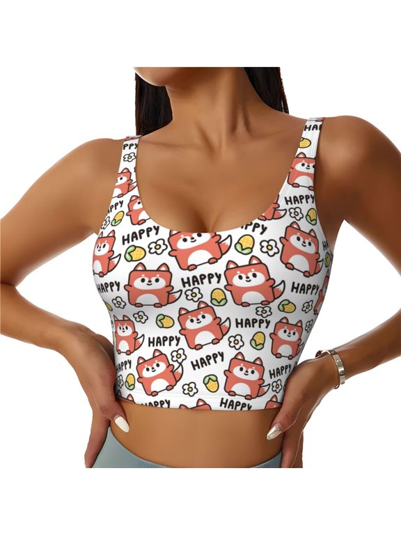 Happy Foxy Faces for Sports Bra with Removable Pads, Crop Tank Top Design, Women's Longline Sports Bra - Non-Wired-Large
