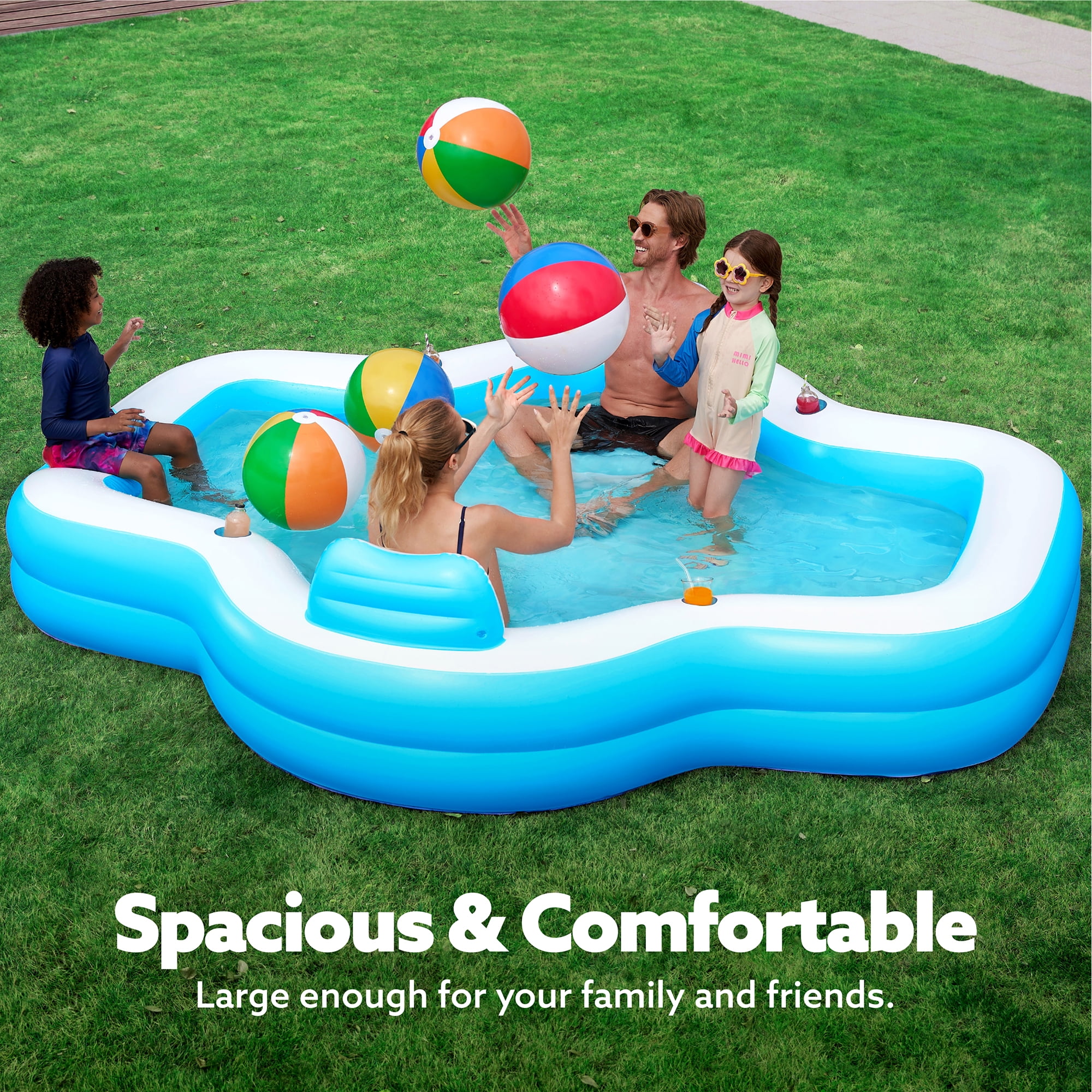 JOYFY Big Inflatable Pool for Kids Adults with Seats, Full-Sized Blow Up, Above Ground Family Pool with Backrest Cup Holders for Summer Water Party Backyard Garden Lawn, Blue