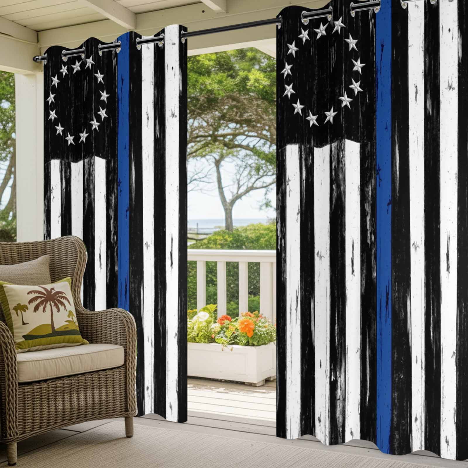 Independence Day Outdoor Curtains for Patio, Watercolor U. S. Flag Cute Rottweiler Butterfly Retro Sunshade Privacy Drapes Grommet Waterproof Outside Curtains for Porch Balcony 54"x108", 2 Panel