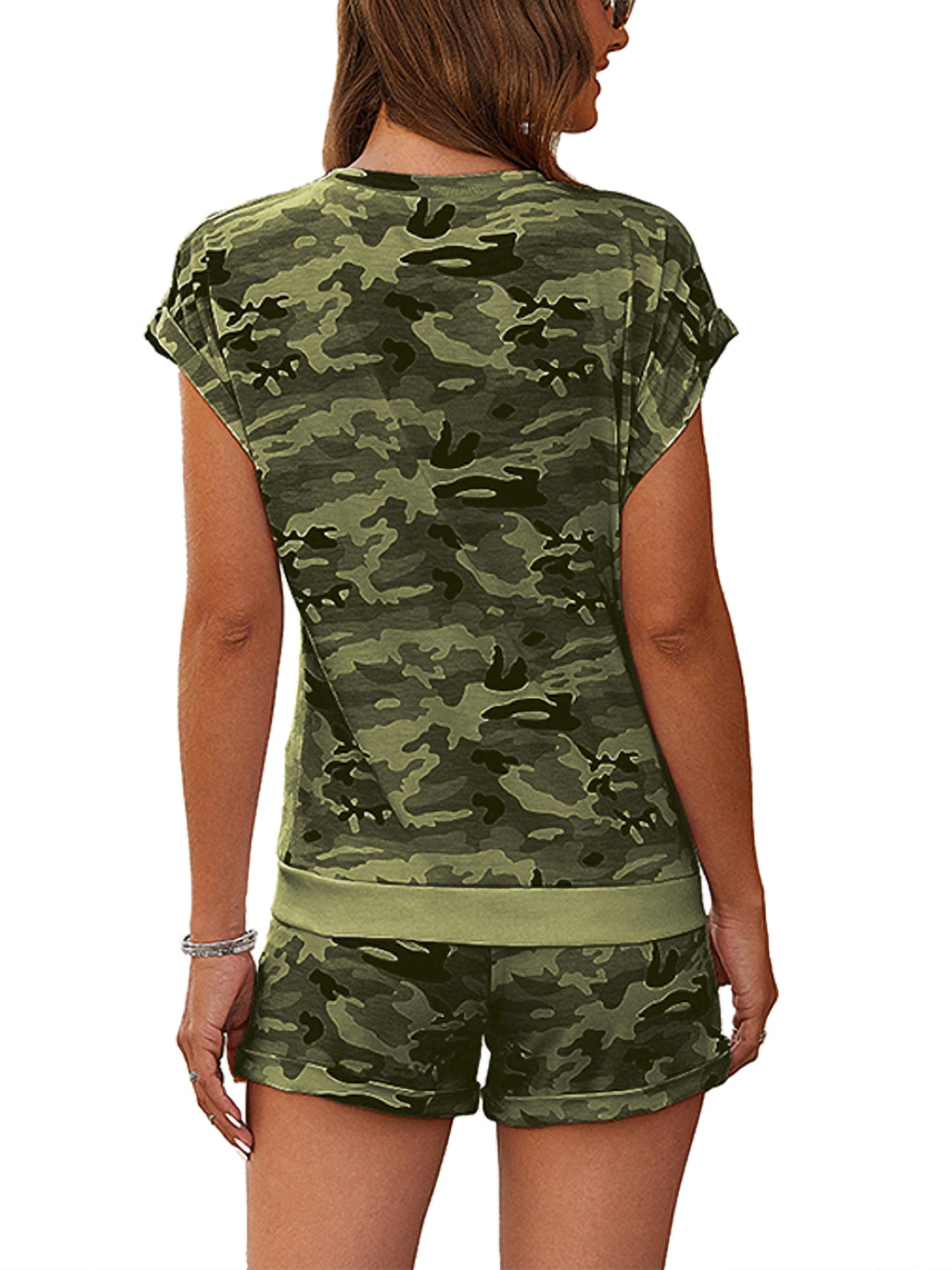 Spirio Womens Summer 2 Pieces Camo Print Tops with Shorts Tracksuit Outfit Set