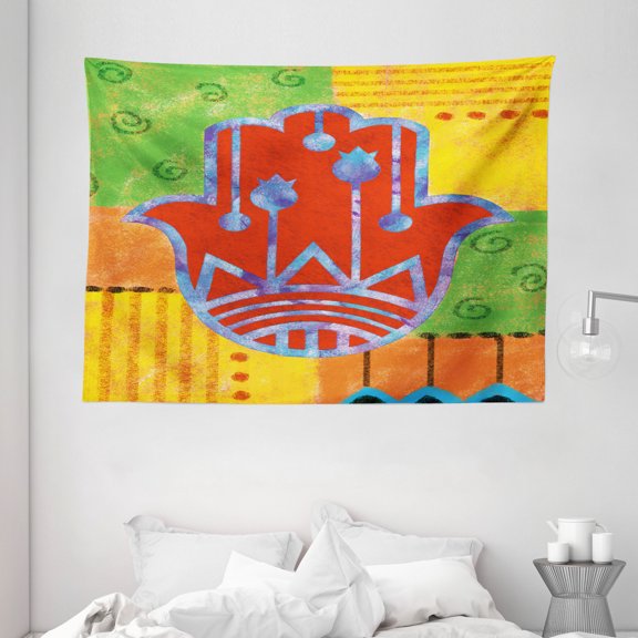 Hamsa Tapestry, Colorful Framework with Lily Hamsa and Primitive Tribal Geometric Shapes on Backdrop, Wall Hanging for Bedroom Living Room Dorm Decor, 80W X 60L Inches, Multicolor, by Ambesonne