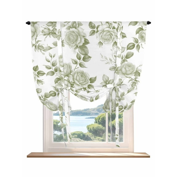 Sage Green Flower Tie Up Curtains for Windows 45 Inch Length Balloon Curtains Kitchen Adjustable Balloon Window Shade Vintage Country Rose Leaf Floral Tie Up Valance Bathroom Curtain Window 42"x45"