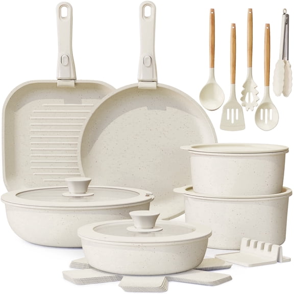 Astercook 22 Piece Pots and Pans Set Non Stick, Cookware Set with Detachable Handles, Oven Safe, Induction Ready, Stackable RV Kitchen Cooking Set, Cream White
