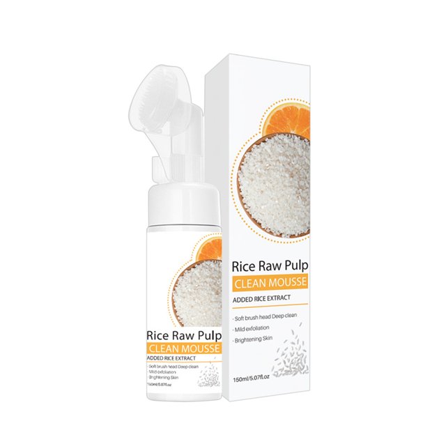limpiador facial lavado de cara limpiador espumoso de arroz limpieza profunda de poros limpiador facial hidratante y alivia sin tirantez extracto eliminación de pecas fac(buy 2 save 10%) envase blanco de 150 ml con dosificador espumador y cabezal de cerdas suaves, etiqueta con imagen de pulpa de arroz y rodaja de naranja, caja blanca a la derecha que repite el diseño; vista frontal centrada que muestra el formato de espuma y la función de limpieza de poros, a menudo usado como apoyo en rutinas de doble limpieza.