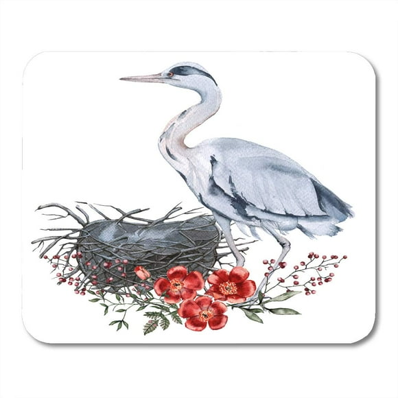 NUDECOR Pink Gray Heron and Nest Watercolor Red Beak Bird Bloom Blossom Mousepad Mouse Pad Mouse Mat 9x10 inch