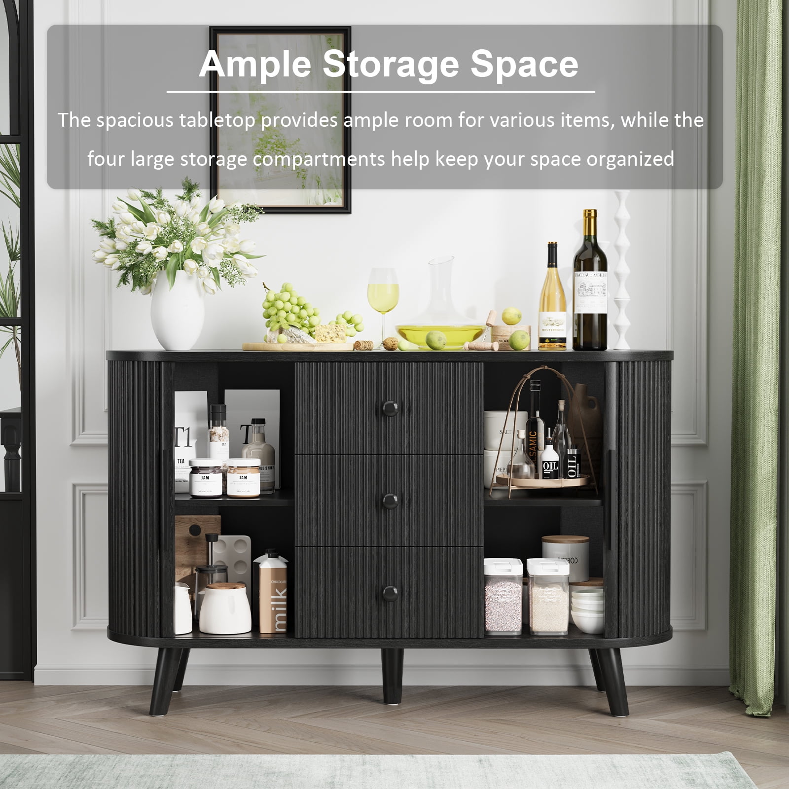 Hommoo Sideboard Buffet Cabinet with 2 Sliding Tambour Doors and 3 Drawers, Credenza Storage Cabinet with Adjustable Shelves for Living Room, Black