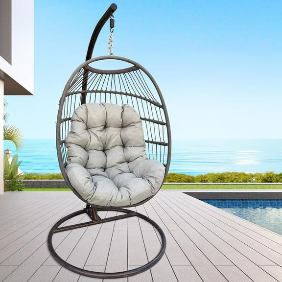 Round base patio swing, steel frame suspended egg-shaped chair with sturdy support - height-adjustable hammock, foldable.